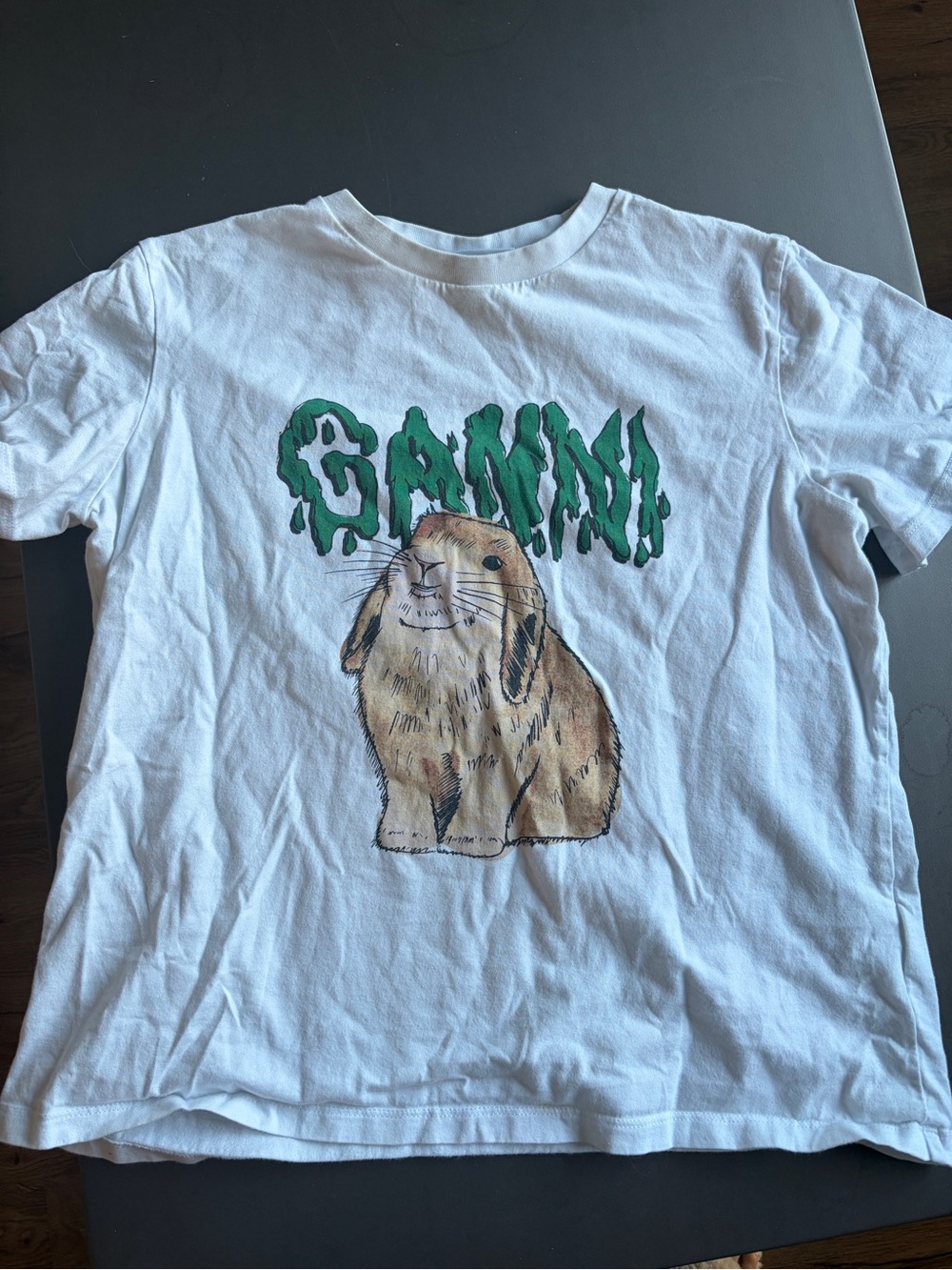 Ganni White Tee with Brown Bunny and Green Logo